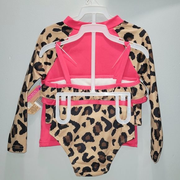 Girls 3pc Bathing Suit - Pink Leopard Bikini with Long Sleeve Rash Guard Shirt - Picture 3 of 3